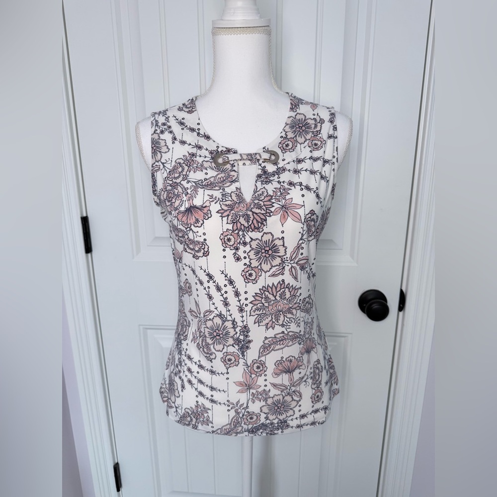 Tommy Hilfiger Floral Keyhole Sleeveless Blouse - White and Pink